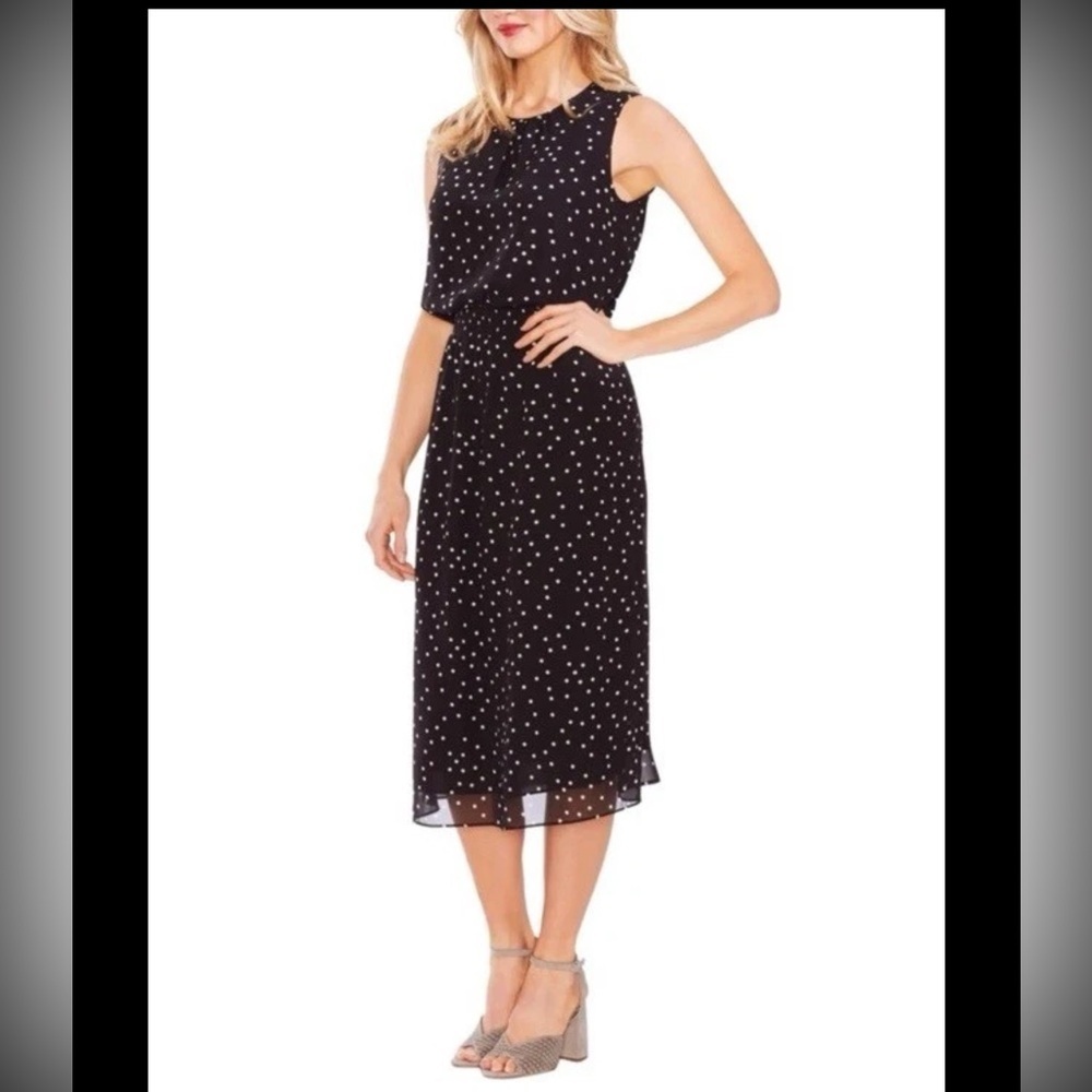 Vince Camuto Black White Polka Dot Sleeveless Chiffon Midi Dress Size Small NEW